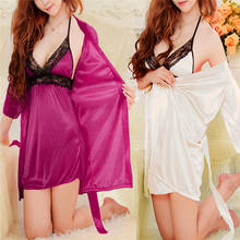 2 pçs conjunto de lingerie feminina pijamas de seda sexy conjuntos de robe de renda lady nightgown sleepwear 2024 - compre barato