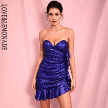 LOVE & LEMONADE Sexy Wrapped V-Neck Ruffled Patchwork Blue-Colored Sequin Bodycon Party Mini Dress LM82272 2024 - buy cheap