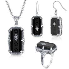 Szjinao-Conjunto de joyería de plata para mujer, juego de anillos y pendientes con colgante de ónix negro Retro, joyería de moda de Plata de Ley 925 hecha a mano, nuevo 2024 - compra barato