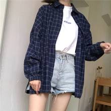 2022New Woman Vent Vintage Plaid Shirt Single Breasted Turn down Collar Cotton Long Sleeve Button Feminina Sales 2024 - buy cheap