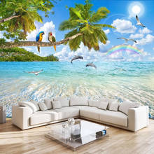 Mural de pared personalizado, papel tapiz de lona impermeable, cuadro de paisaje mediterráneo, loro, Delfín, playa, cielo azul, decoración para sala de estar 2024 - compra barato