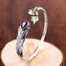 New solid S925 pure silver jewelry silver bracelet for woman Thai silver delicate drop shape amethyst opening woman bracelet 2024 - buy cheap