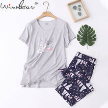 Conjunto de pijama con estampado para mujer, ropa de dormir de algodón, de talla grande, de manga corta, con estampado de dibujos animados, 2 uds., T06301B 2024 - compra barato