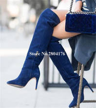 Botas de punta estrecha de ante para mujer, zapatos de vestir por encima de la rodilla, tacón de aguja, Sexy, azul 2024 - compra barato
