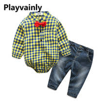 2021 Baby Boy Sets bow tie +plaid cotton Long Sleeve Romper+ Jeans 3Piece Suit Boy Clothes E20901 2024 - buy cheap