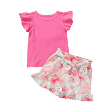 3-7years crianças bebê meninas 2-piece conjunto de roupa manga mosca cor sólida topos + calções de impressão floral conjunto 2024 - compre barato