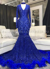 Long Sleeve Sexy Mermaid V-neck Royal Blue Sequin Feather African Black Girls Long Prom Dresses 2021 For Party 2024 - buy cheap