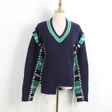 High Street Casual Irregular V-Neck College Sweater Women Loose Lazy Fashion Tassel Tether Contrast Green Striped Pullover Coat 2024 - buy cheap