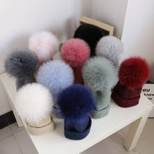 CHANRU002 Women winter thick warm wool beanies cap Real fox fur pom pom curled knitted hat skullies Bone gorras 2024 - buy cheap