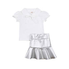 0-5Y Kids Baby Girl Summer Sets Fashion Bow Tie Puff Sleeve White Tops+Silver PU Leather Skirt 2PCS Girl Birthday Party Outfits 2024 - buy cheap