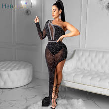 Haoyuan sexy strass bodycon maxi vestido de malha sheer um ombro vestidos para as mulheres festa moda verão streetwear clube vestido 2024 - compre barato