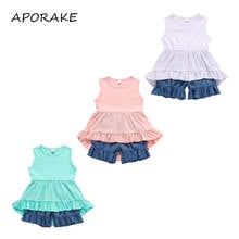 2021 1-5Y Casual Kids Baby Girl Clothing Solid Color Sleeveless Ruffle Top Dress+Denim Shorts Summer Outfits Set 2024 - buy cheap