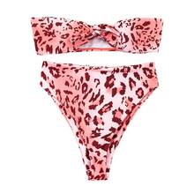 Womens Sexy 2 Piece Bikini Set Tie Knot Front Tube Top High Waisted Bottoms Thong Swimsuit Leopard Print Bathing Suit 2024 - buy cheap