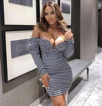 2021 Winter Women Sexy Houndstooth Off Shoulder Long Sleeve Backless Ladies Dress Elegant Celebrity Evening Runway Party Dress 2024 - buy cheap