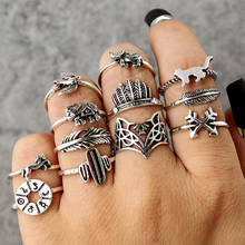 12pçs conjunto de anéis femininos de cor prateada, anéis de prata vintage boho para mulheres folha de raposa geométricos anéis de dedo feminino, conjunto de jóias boêmias para presente 2024 - compre barato