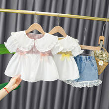 Summer Children Kids Short Sleeve Lapel Collar Plaid Bow Blouse Tops + Denim Jeans Lace Pant Clothing Sets Baby Girls 2Pcs Suits 2024 - buy cheap