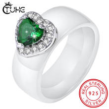 925 пробы Серебряное обручальное кольцо принцессы с зеленым сердцем и цирконием для женщин с австрийскими кристаллами 8 мм керамическое кольцо ювелирное изделие подарок 2024 - купить недорого