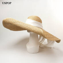 Женские соломенные шапки USPOP, шляпа от солнца с супер широкими полями, летняя пляжная шляпа из шифона с лентой 2024 - купить недорого