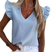 Office Ladies T-shirt Summer Sexy V Neck Stripes Short Ruffled Sleeve Casual T-shirt Tops футболка женский 2021 2024 - buy cheap