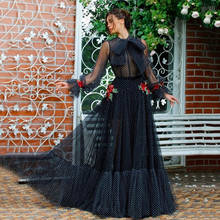 Thinyfull Dots Tulle Black Prom Dress With Handmade Flowers Long Sleeve Princess Evening Dress Robe De Soiree 2021 2024 - buy cheap