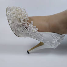 BaoYaFang-zapatos de boda con cuentas y perlas para mujer, calzado de encaje blanco con punta abierta, con flores, tacón alto y Punta abierta 2024 - compra barato