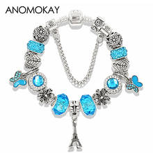 Pulsera con abalorios de mariposa de cristal azul, brazalete con cuentas de corona de la Torre Eiffel chapada en plata para amantes, pulseras de joyería para parejas, regalo 2024 - compra barato