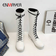 ENMAYER 2019 Winter Boots Women Round Toe High Heel Boots Lace-Up Knee-High Boots Square Heel Short Plush Women Shoes 34-43 2024 - buy cheap