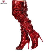 Original Intention-botas altas de lentejuelas rojas para mujer, zapatos altos hasta el muslo, con punta abierta y tacón alto de aguja, sexys, para fiesta 2024 - compra barato