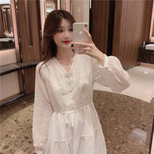 Women's Spring 2020 New Long Sleeve Dress Ladies Autumn Mid-length Pullover White Small Sexy V-neck A-line Dress Female A592 2024 - buy cheap