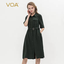 VOA Silk Stretch Heavy Lapel Short Sleeve Single Breasted Waistband Military Slim Medium-Length Shirt Dress A10219 2024 - buy cheap