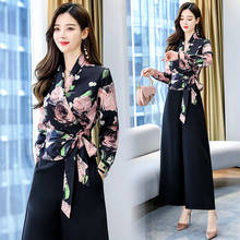 Women Two Pieces Suits 2021 New Fashion Spring Autumn Lady Long Sleeve Floral Print Tops And Long Wide Leg  Pants Trousers Sets 2024 - buy cheap