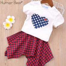 Humor Bear/Новые летние костюмы для девочек, Корейская версия, футболка с надписью Love + клетчатая юбка, комплект из 2 предметов, одежда для маленьких девочек 2024 - купить недорого