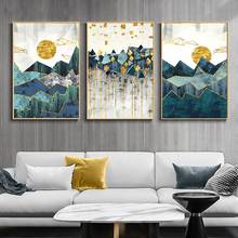 Arte de pared nórdico abstracto geométrico, paisaje de montaña, pintura en lienzo, Impresión de sol dorado, carteles artísticos, imágenes de pared para sala de estar 2024 - compra barato