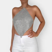 Camiseta sin mangas con lentejuelas para mujer, camiseta sin mangas ajustable con cuello de barco, camisetas sin mangas con diamantes de imitación de cristal para fiesta y Club 2024 - compra barato