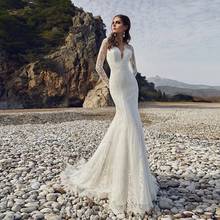 Long Sleeve V-Neck Mermaid Wedding Dresses 2021 Lace Appliques Gorgeous Ivory Bridal Gown Vintage Sweep Train Sexy Open Back 2024 - buy cheap