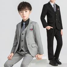 2020 классический серый в полоску костюм для мальчиков комплект из 3 предметов Slim Fit, детские костюмы на выпускной, свадьбу блейзер для детей, Блейзер, костюм, смокинг для свадьбы (пиджак + брюки + жилет) 2024 - купить недорого