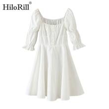 HiloRill Women A Line Elegant Cotton Dresses 2021 Puff Sleeve White Mini Dress Square Collar Buttons Chic Casual Dress Vestidos 2024 - buy cheap