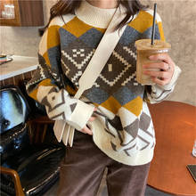 Vintage Argyle Woman's Jersey  2020 Korean Casual O-Neck Long Sleeve Oversized Sweater Female All Match Knitwear YYQX36 2024 - buy cheap