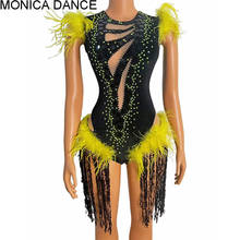 Women Sexy Black Sequin Fringe Yellow Rhinestone Feather Bodysuit Women Dancer Singer Stage Wear Birthday Prom Celebrate Outfit 2024 - buy cheap