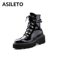 ASILETO-Botines de invierno para motocicleta, botas de punta redonda con tacón cuadrado grueso, hebilla de cinturón de cuero genuino, talla grande 34-42, color negro, S1770 2024 - compra barato