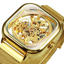 Relógio mecânico winner masculino, relógio de pulso esculpido automático de luxo de marca azul com pulseira de malha 2024 - compre barato