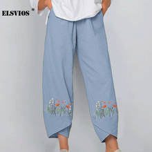 Fashion New Floral Print Cotton Linen Pants Fall Summer Loose  Irregular Elastic Waist Wide Leg Pant Casual Elegant Pocket Pants 2024 - buy cheap