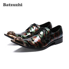 Batzuzhi sapatos masculinos de couro legítimo, sapatos pontudo de ferro moda para homens, sapatos sociais de festa e casamento, tamanhos grandes 2024 - compre barato