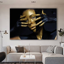 Póster Artístico de Chica Dorada para decoración del hogar, imagen abstracta de retrato, fondo negro, lienzo de pintura para pared de sala de estar 2024 - compra barato