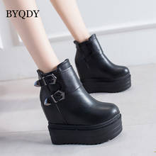 BYQDY-Botas cálidas con plataforma de cuero para mujer, zapatos informales a la moda, con cremallera superior alta, con tacones de aumento de piel, color negro, Invierno 2024 - compra barato