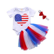 independence Day Baby Girls Clothes Set  Love Heart Print Short Sleeve O-neck Romper + Tutu Skirt + Sequins Headband 2024 - buy cheap