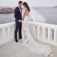 Backless Mermaid Beach Wedding Dresses 2021 V-neck 3D Lace Applique Sweep Trumpet Steven Khalil Garden Bridal Dresses 2024 - buy cheap