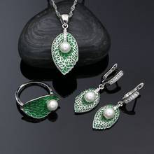 Conjunto de joias femininas com pérolas, esmalte verde, colar com pingente, anel 925, prata esterlina, conjunto de joias para casamento 2024 - compre barato