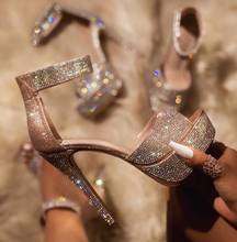 Sandalias ostentosas con lentejuelas de cristal para mujer, zapatos de plataforma para Pole Dance, a la moda, una correa, Punta abierta, cubierta de tacón, sandalias brillantes 2024 - compra barato