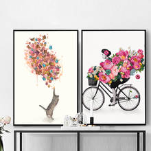 Cuadro sobre lienzo de estilo escandinavo para chica, cuadro abstracto de bicicleta de flores, Gato nórdico, carteles de mariposas, impresiones para sala de estar 2024 - compra barato